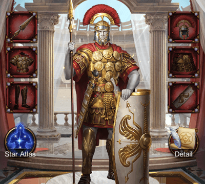 This image shows the Antonine Civilization Gear Set on evony which can be attached to generals to increase attack, defense and HP buffs