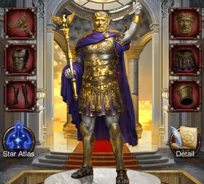 This image shows the Augustus Civilization Gear Set on evony which can be attached to generals to increase attack, defense and HP buffs