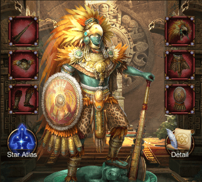 This image shows the Aztec Civilization Gear Set on evony which can be attached to generals to increase attack, defense and HP buffs