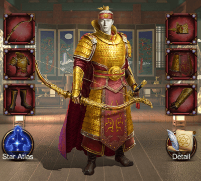 This image shows the Koryo Civilization Gear Set on evony which can be attached to generals to increase attack, defense and HP buffs