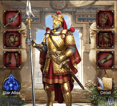 This image shows the Sasanian Civilization Gear Set on evony which can be attached to generals to increase attack, defense and HP buffs