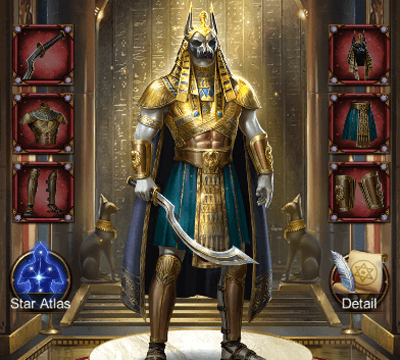 This image shows the Thebes Civilization Gear Set on evony which can be attached to generals to increase attack, defense and HP buffs