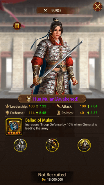 This image depicts the Evony General Hua Mulan